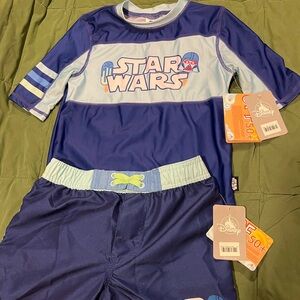 NWT Star Wars boys size 7/8 swim trunks and rash guard